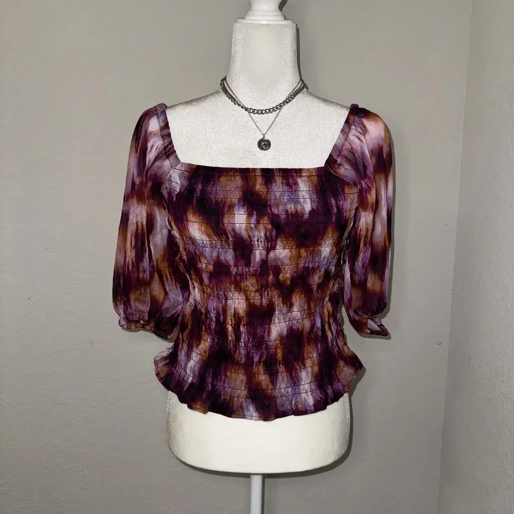 Old Navy‎ Fitted Puff-Sleeve Smocked Top Women's Medium Purple Boho Casual Fairy